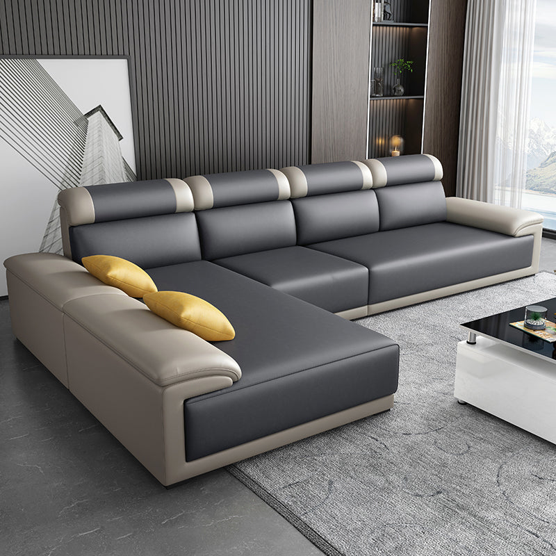 Contemporary Grey Sectional Sofa with Pillow Top Arm in Faux Leather