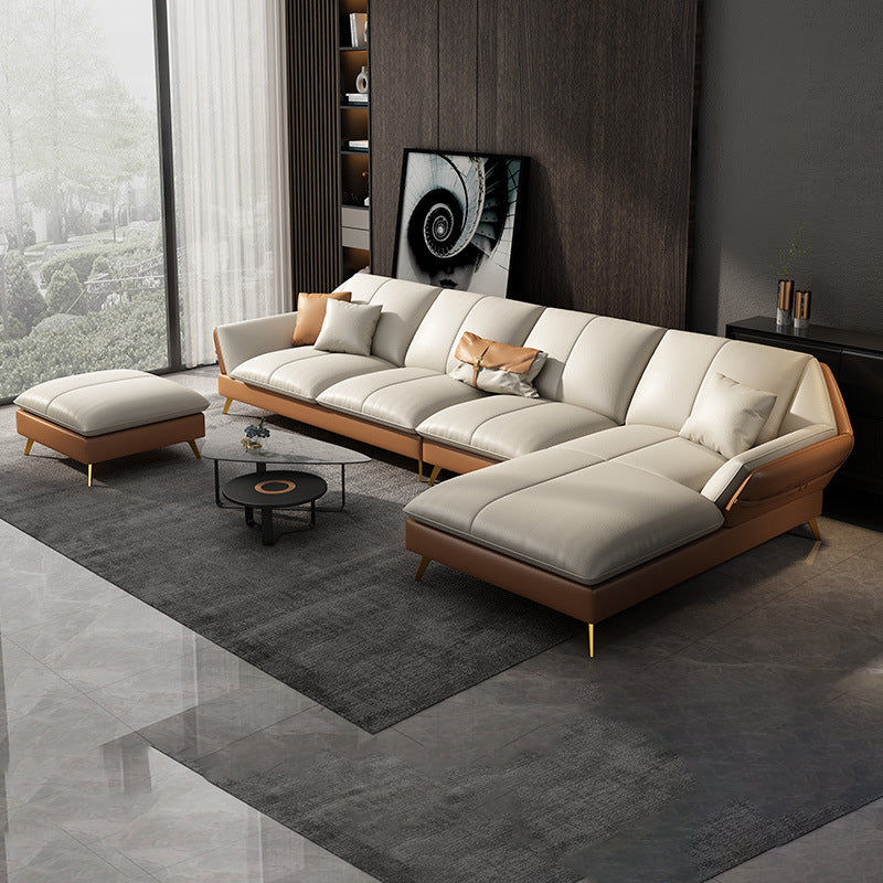 32"H Glam Sectional Sofa White Leather Cushion Back Sleeper Sectional