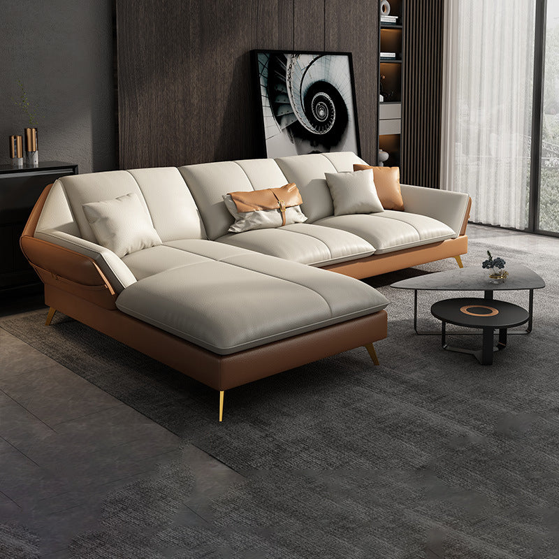 32"H Glam Sectional Sofa White Leather Cushion Back Sleeper Sectional