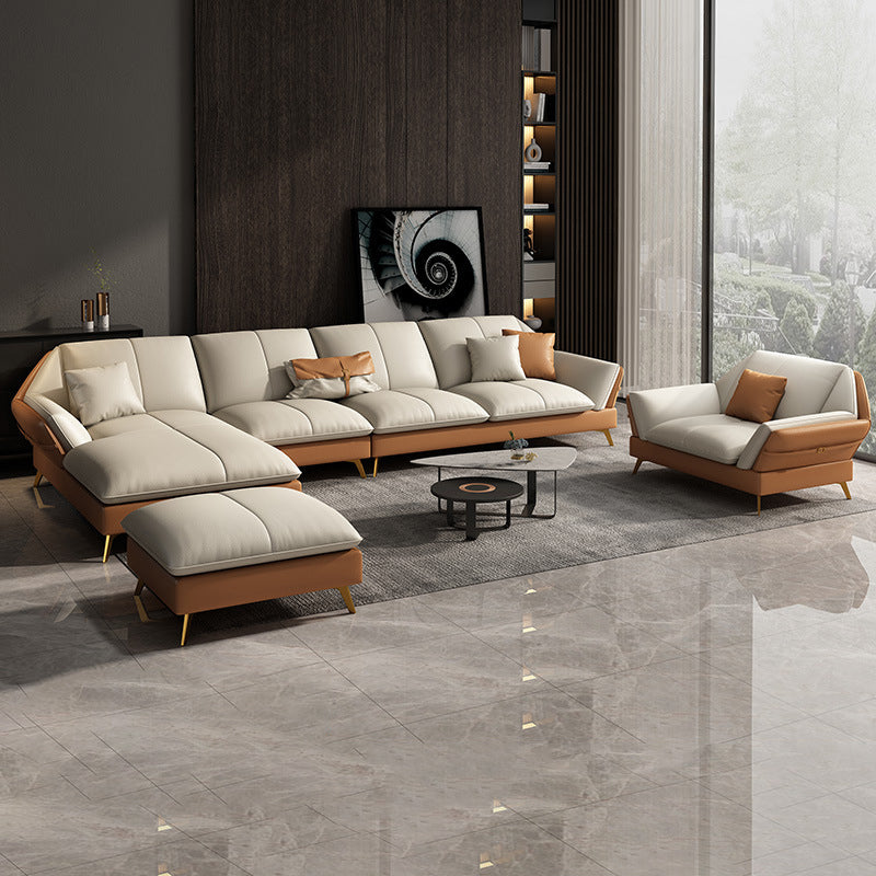 32"H Glam Sectional Sofa White Leather Cushion Back Sleeper Sectional