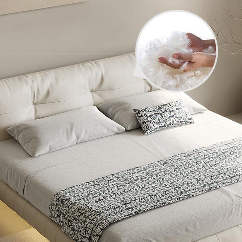 Genuine Leather Upholstered Platform Bed Light Beige Bed Frame