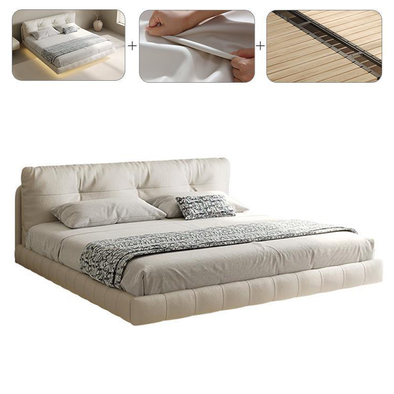 Genuine Leather Upholstered Platform Bed Light Beige Bed Frame