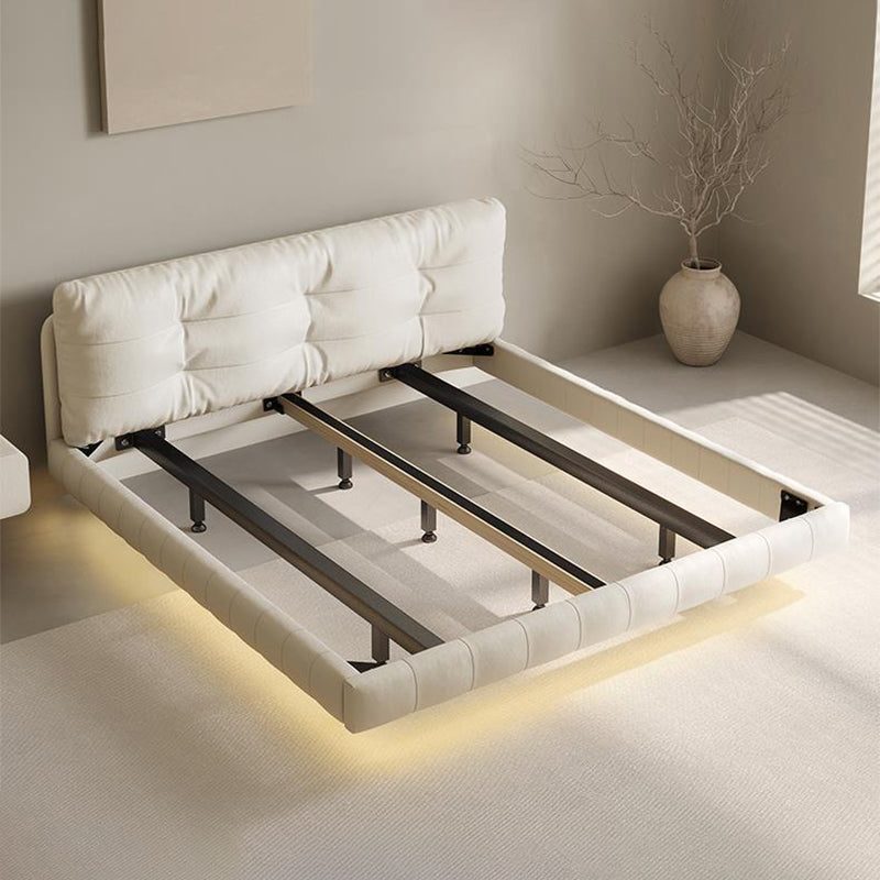 Genuine Leather Upholstered Platform Bed Light Beige Bed Frame