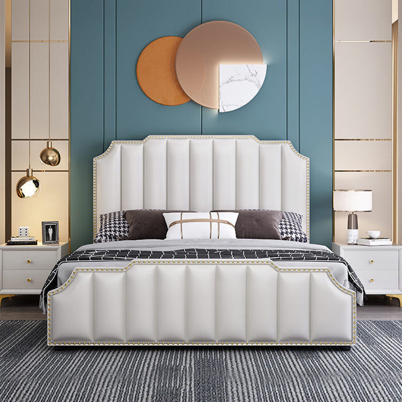 Luxurious Leather Bed Beige Upholstered Bed Frame with Nailhead Trim