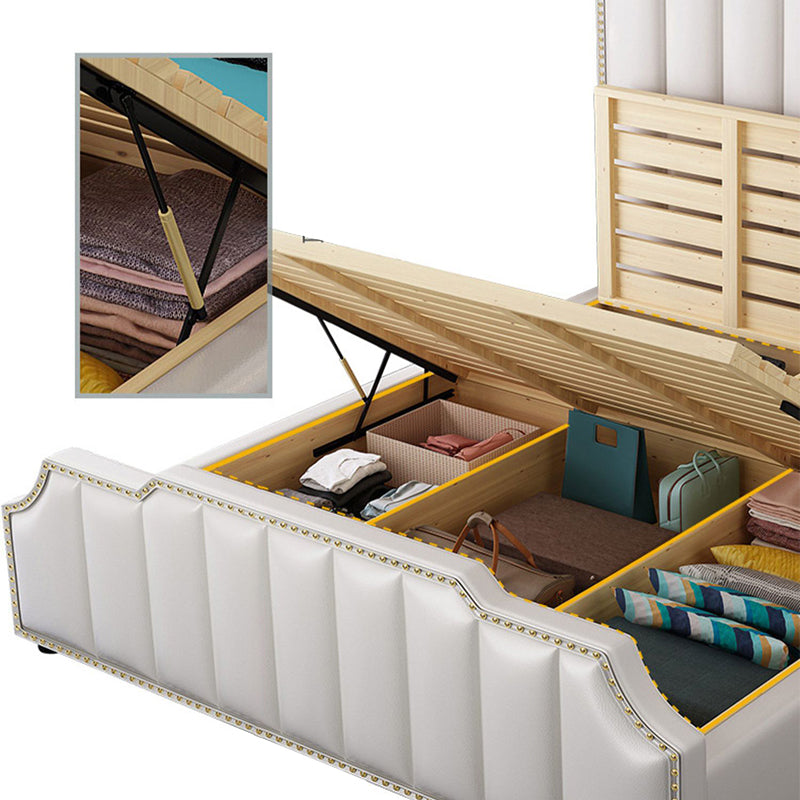 Luxurious Leather Bed Beige Upholstered Bed Frame with Nailhead Trim