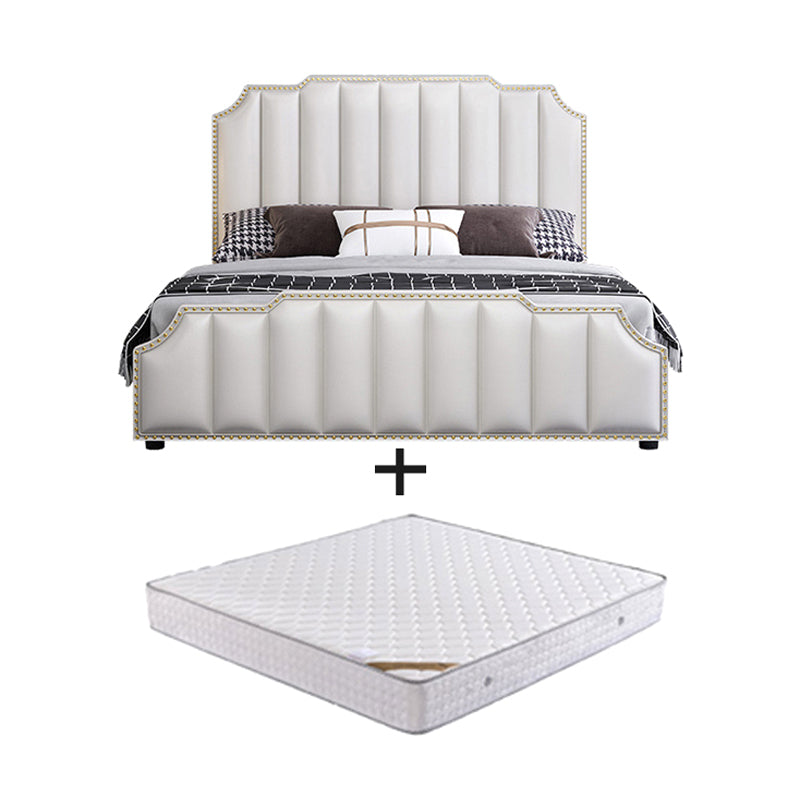 Luxurious Leather Bed Beige Upholstered Bed Frame with Nailhead Trim