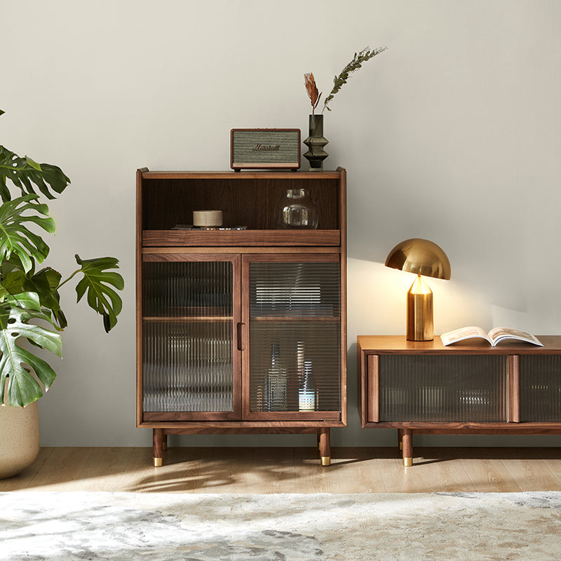 Storage Solid Wood Glass Door Cabinet Mid Century Chest in Walnut