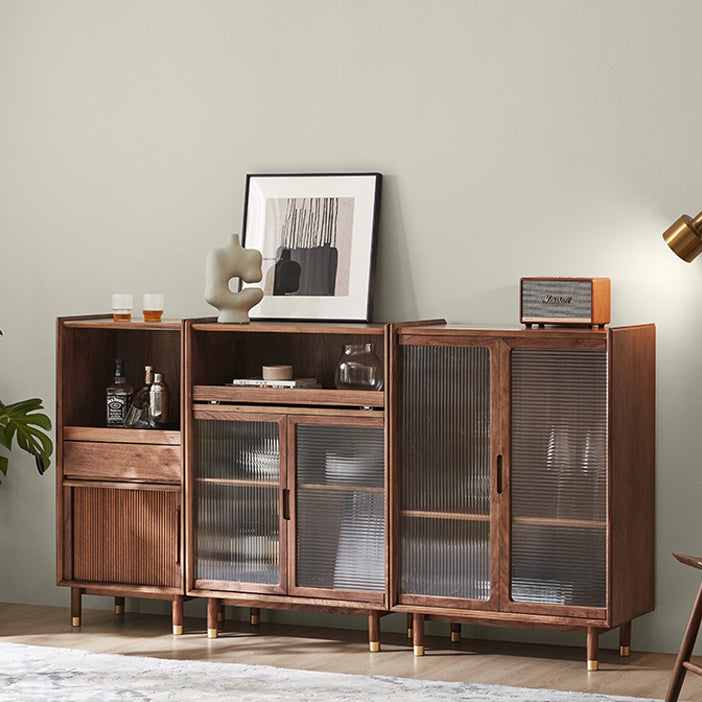 Storage Solid Wood Glass Door Cabinet Mid Century Chest in Walnut
