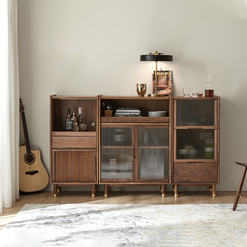 Storage Solid Wood Glass Door Cabinet Mid Century Chest in Walnut