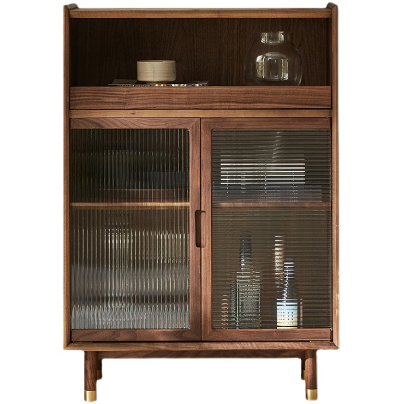 Storage Solid Wood Glass Door Cabinet Mid Century Chest in Walnut