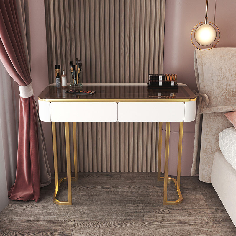 Glass Top Make-up Vanity Wood Dressing Table with  Storage Drawers