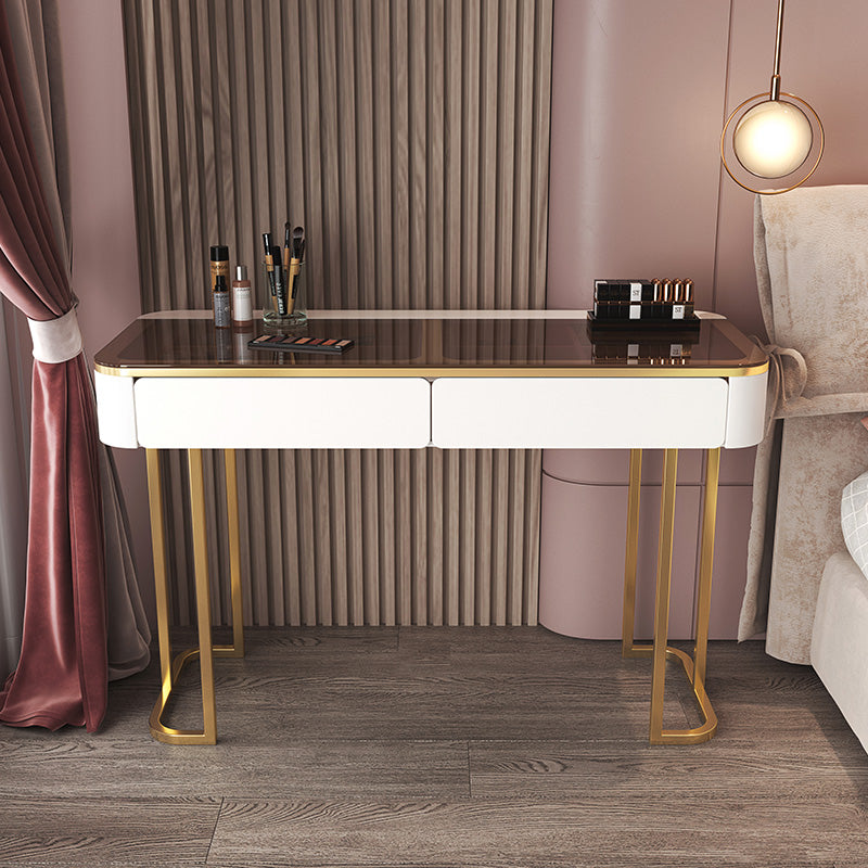 Glass Top Make-up Vanity Wood Dressing Table with  Storage Drawers
