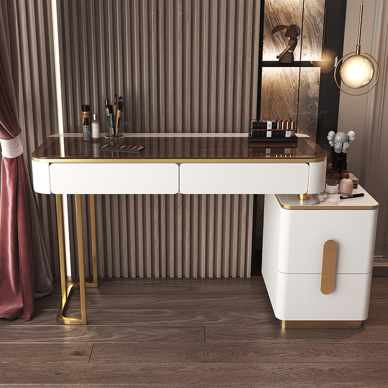 Glass Top Make-up Vanity Wood Dressing Table with  Storage Drawers