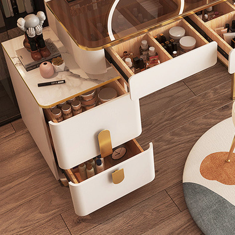 Glass Top Make-up Vanity Wood Dressing Table with  Storage Drawers