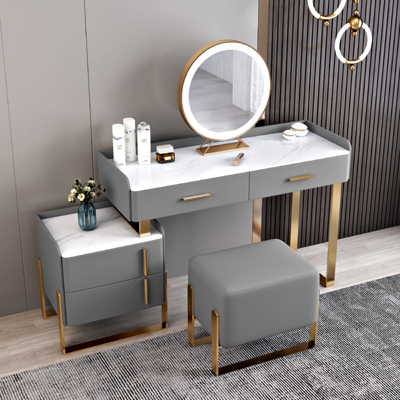 Stone Top Make-up Vanity Gray Solid Wood Vanity Dressing Table Set with 4 Drawers