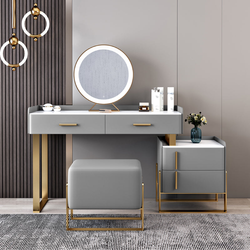 Stone Top Make-up Vanity Gray Solid Wood Vanity Dressing Table Set with 4 Drawers