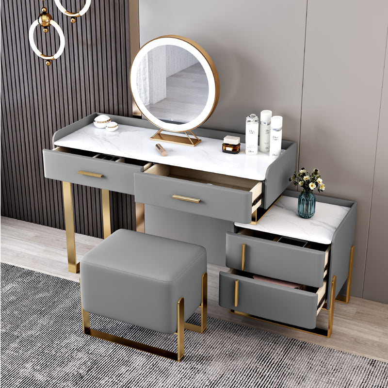 Stone Top Make-up Vanity Gray Solid Wood Vanity Dressing Table Set with 4 Drawers