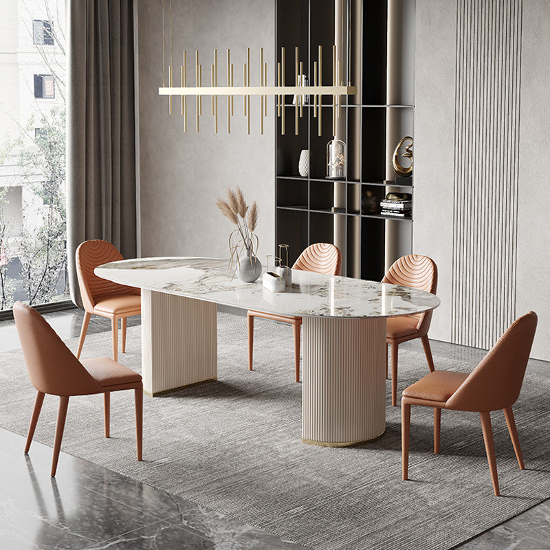 Glam Oval Dining Table Stone Top Dining Table with Double Pedestal in White