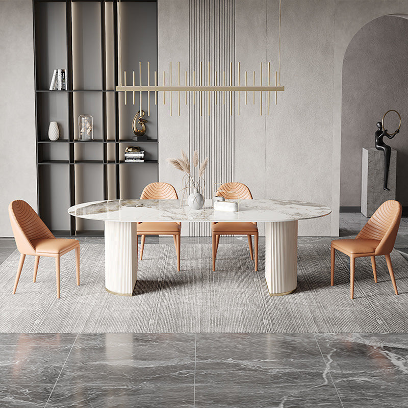 Glam Oval Dining Table Stone Top Dining Table with Double Pedestal in White