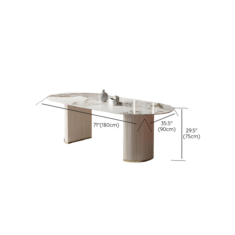Glam Oval Dining Table Stone Top Dining Table with Double Pedestal in White