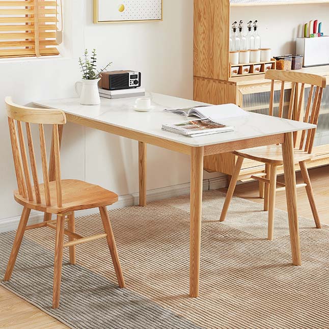 Mid-Century Dining Table with Ash Wood Frame White Stone Top Table
