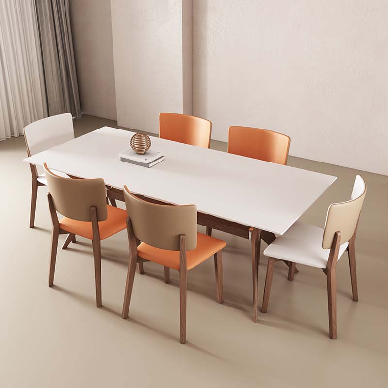 White Mid-Century Dining Table Stone Top Table with Wooden Frame for Home