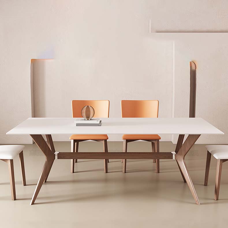 White Mid-Century Dining Table Stone Top Table with Wooden Frame for Home