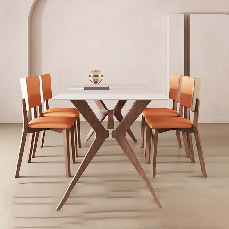 White Mid-Century Dining Table Stone Top Table with Wooden Frame for Home