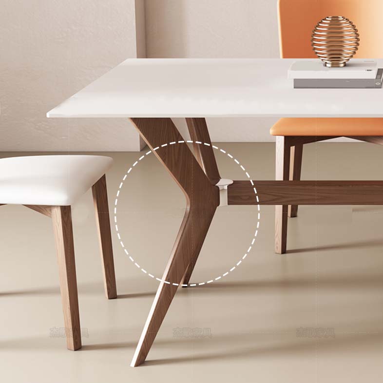 White Mid-Century Dining Table Stone Top Table with Wooden Frame for Home
