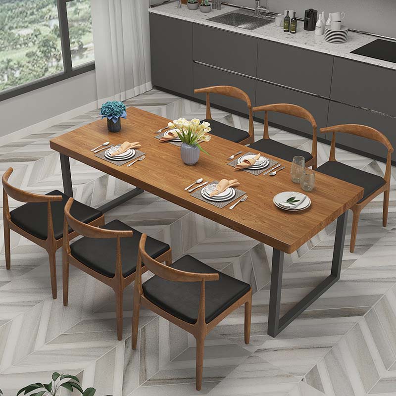 Brown Dinette Table with Metal Frame Industrial Solid Wood Top Dining Table