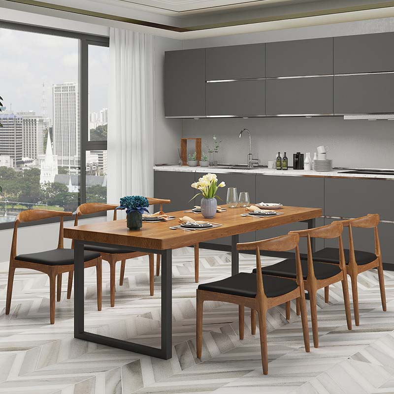 Brown Dinette Table with Metal Frame Industrial Solid Wood Top Dining Table