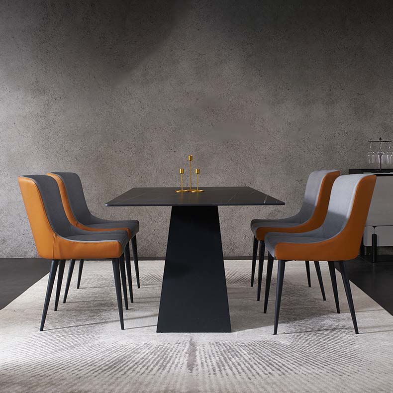 Black Industrial Rectangle Dining Table Stone Top Table with Metal Base