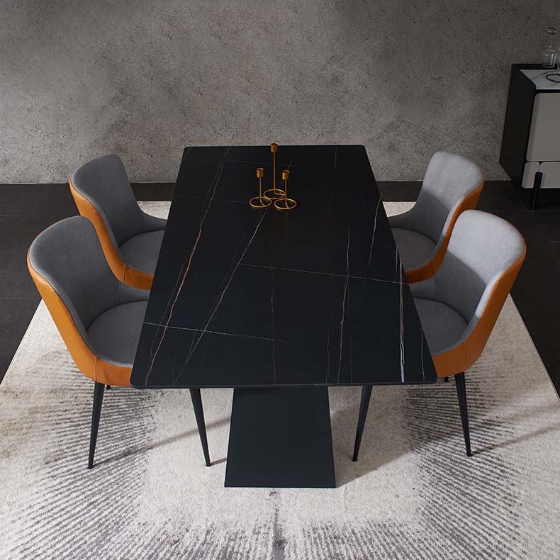 Black Industrial Rectangle Dining Table Stone Top Table with Metal Base