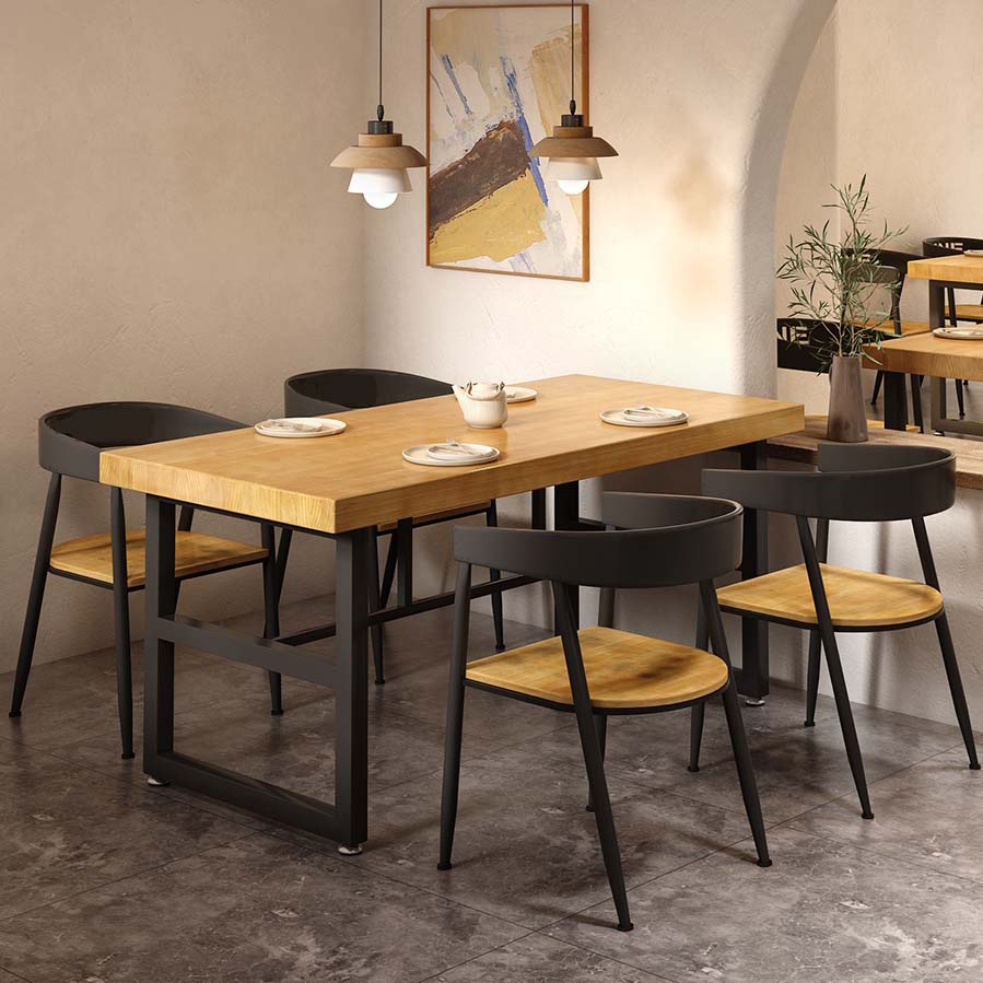 Natural Finish Table with Metal Frame Industrial Solid Wood Top Dining Table