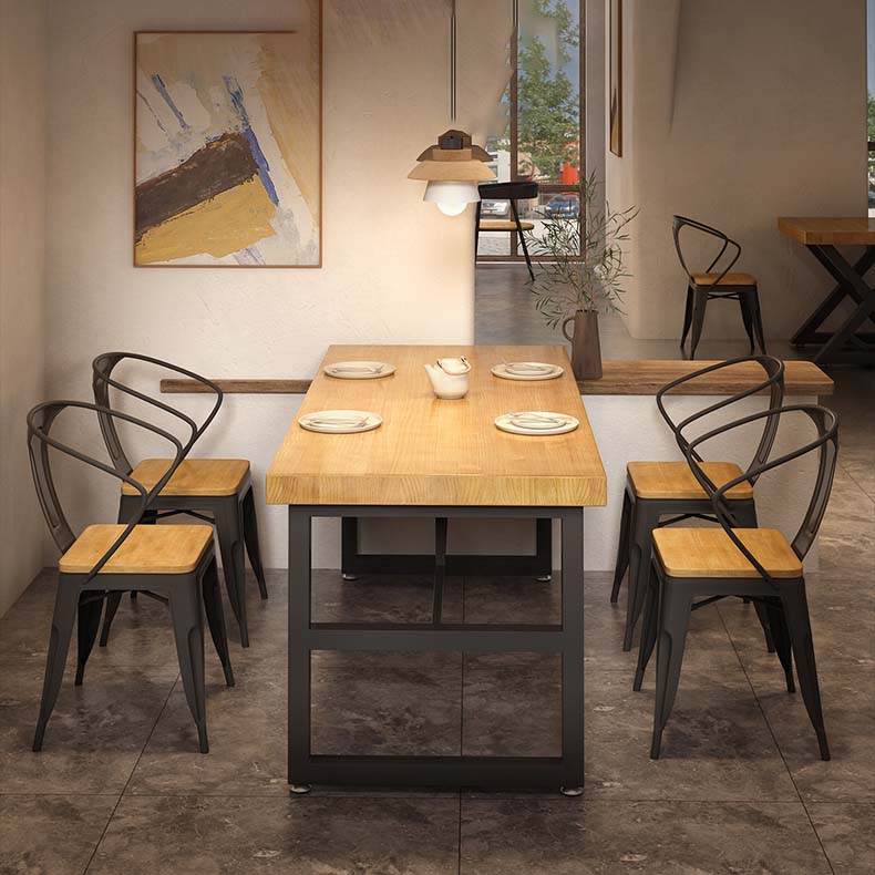 Natural Finish Table with Metal Frame Industrial Solid Wood Top Dining Table
