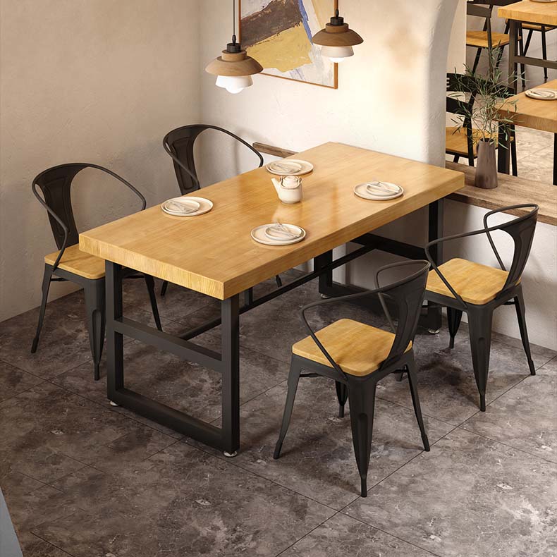 Natural Finish Table with Metal Frame Industrial Solid Wood Top Dining Table