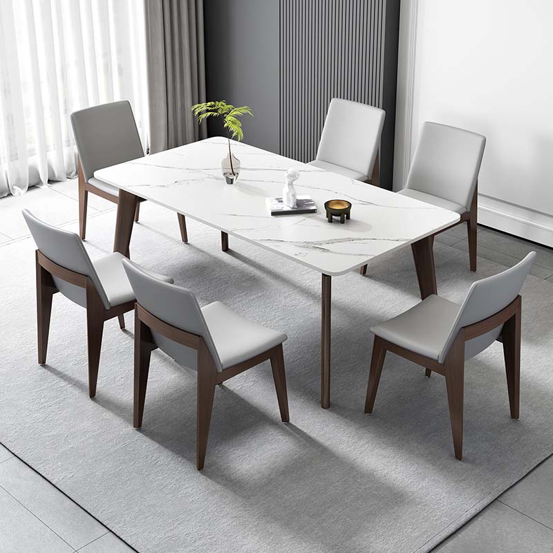 Stone Top Table with Ash Wood Frame Mid-Century Rectangle Dining Table