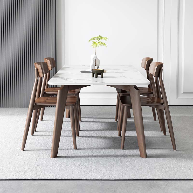 Stone Top Table with Ash Wood Frame Mid-Century Rectangle Dining Table