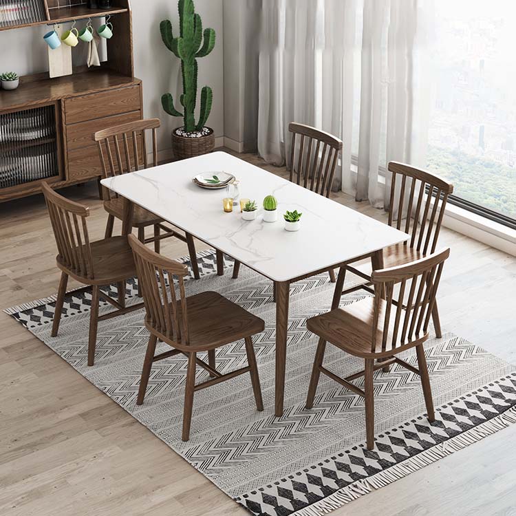 Solid Wood Frame Mid-Century Dining Table White Stone Top Table
