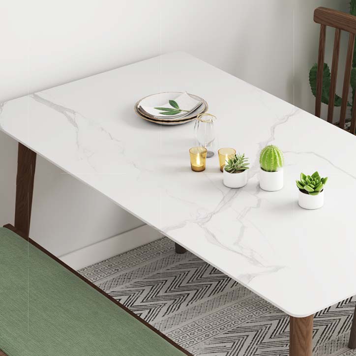 Solid Wood Frame Mid-Century Dining Table White Stone Top Table