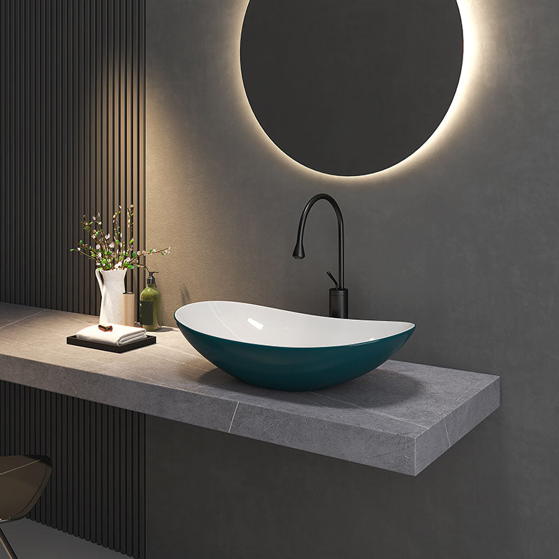 Modern Basin Sink Oval Porcelain with Pop-Up Drain Vessel Bathroom Sink