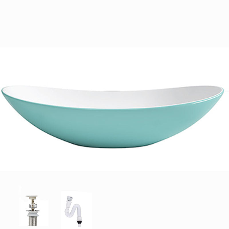 Modern Basin Sink Oval Porcelain with Pop-Up Drain Vessel Bathroom Sink