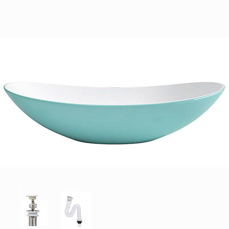 Modern Basin Sink Oval Porcelain with Pop-Up Drain Vessel Bathroom Sink