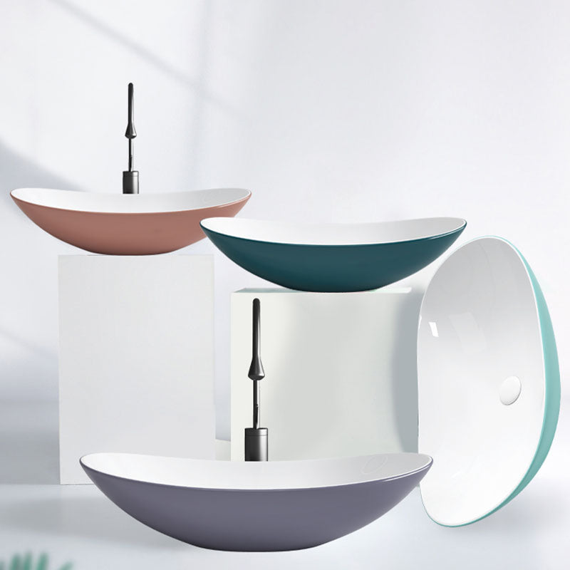 Modern Basin Sink Oval Porcelain with Pop-Up Drain Vessel Bathroom Sink