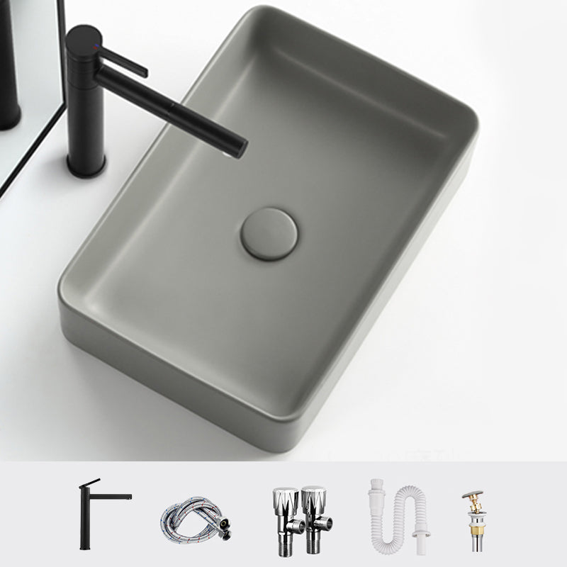 Contemporary Bathroom Sink Rectangular Porcelain Vessel Lavatory Sink with Pop-Up Drain