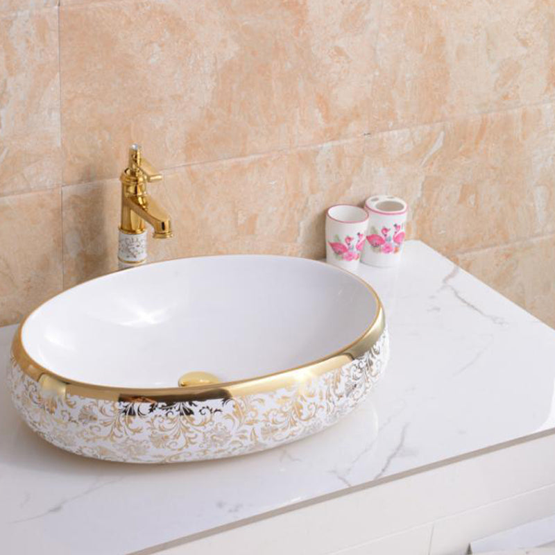 Traditional Vessel Lavatory Sink Oval-Shape Porcelain with Faucet Bathroom Sink