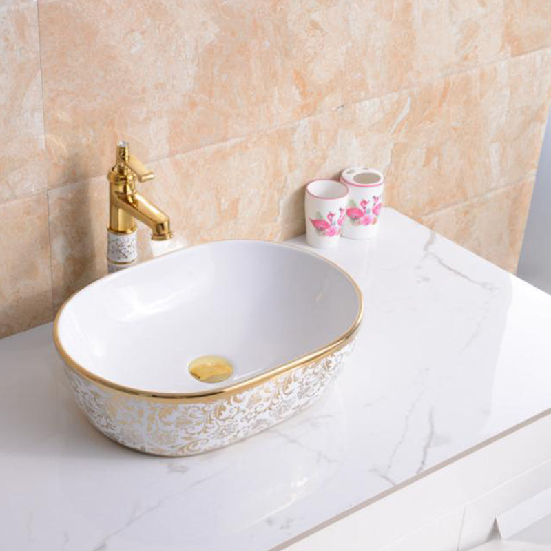 Traditional Vessel Lavatory Sink Oval-Shape Porcelain with Faucet Bathroom Sink