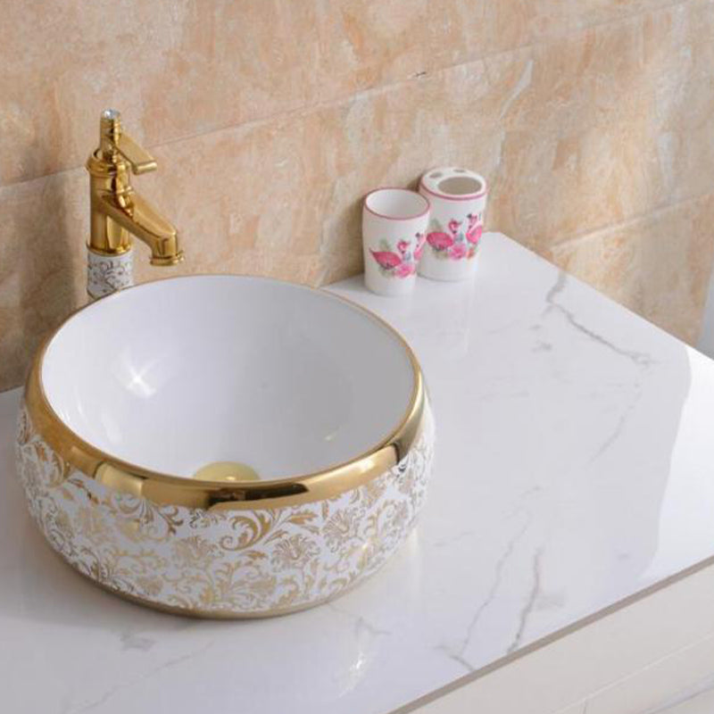 Traditional Vessel Lavatory Sink Oval-Shape Porcelain with Faucet Bathroom Sink