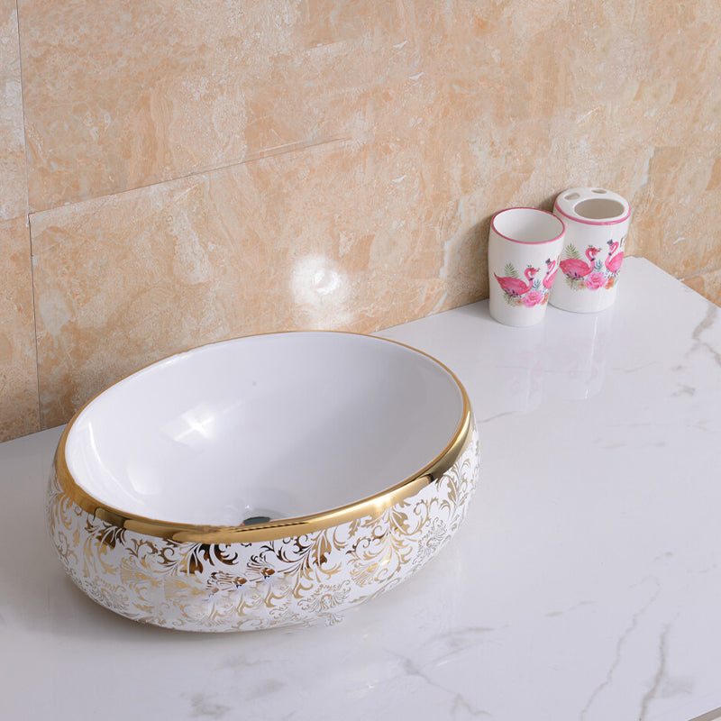 Traditional Vessel Lavatory Sink Oval-Shape Porcelain with Faucet Bathroom Sink