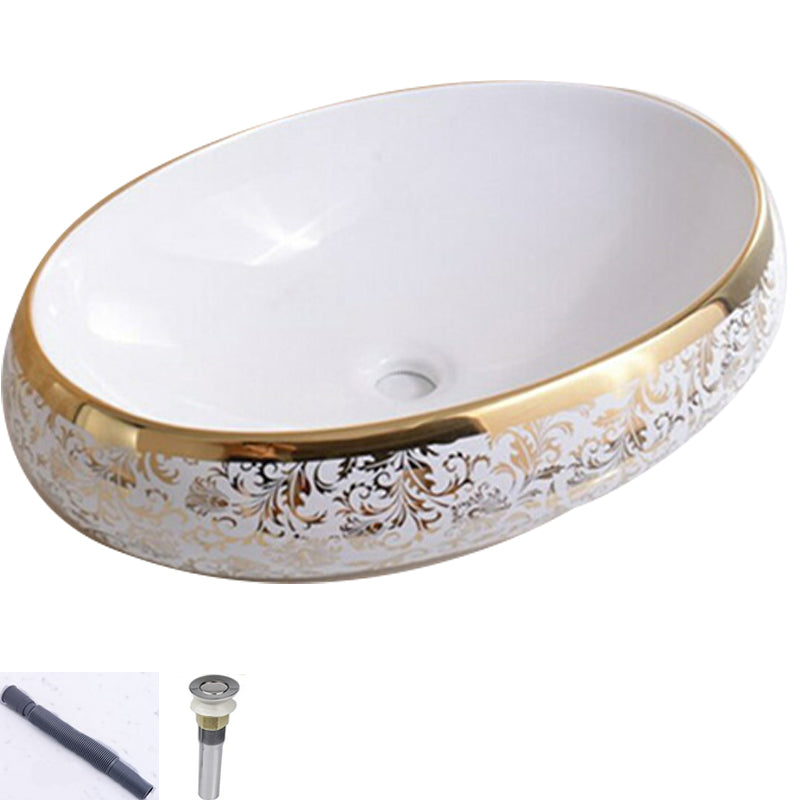 Traditional Vessel Lavatory Sink Oval-Shape Porcelain with Faucet Bathroom Sink